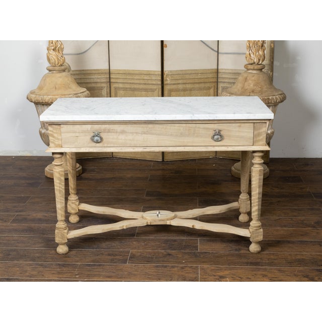 19th Century 19th Century, Bleached Walnut Console Table with White Marble Top, Faceted Legs For Sale - Image 5 of 12