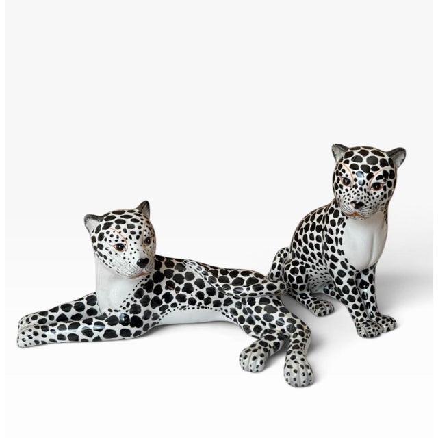1970s Italian Black & White Majolica Snow Leopard Figurines – Pair For Sale - Image 9 of 12