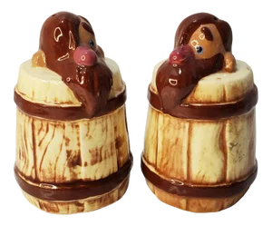 Mid Century Hobo in a Barrel Ceramic Salt & Pepper Shakers