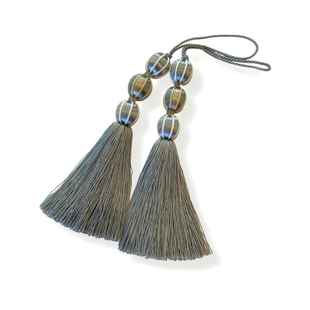 Pair of Beaded Satin Key Tassels in Bluestone Color For Sale - Image 10 of 13