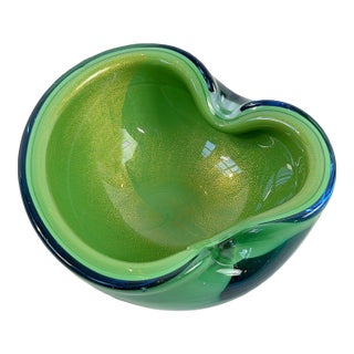 Mid 20th Century Green Murano-Style Art Glass Bowl With Gold Aventurine For Sale