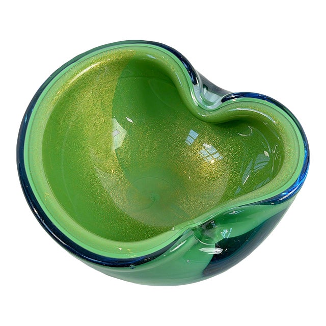 Mid 20th Century Green Murano-Style Art Glass Bowl With Gold Aventurine For Sale