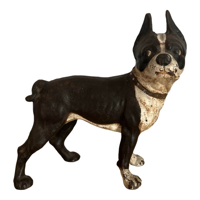 Antique Cast Iron Boston Terrier Painted Doorstop For Sale