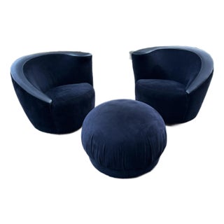 1980s Vladimir Kagan for Directional Pair of Nautilus Chairs & Pouf For Sale