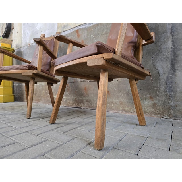 Vintage Rustic Oak Chairs with Leather Cushions, 1970s, Set of 2 For Sale - Image 11 of 18