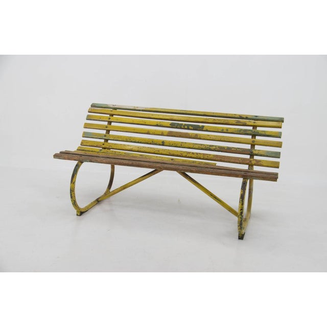 Bench from factory built in 1920s in original condition with beautiful age patina. Sturdy and stabile. Very comfortable.