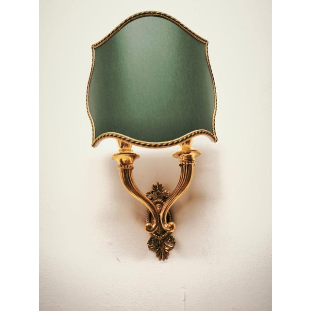Double-Light Wall Lamp with Green Fabric Fan, 1940s For Sale - Image 9 of 18
