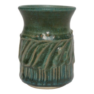 Petite Vintage Green Glaze Studio Ceramic Sgraffito Bud Vase by Deanna Nichols For Sale
