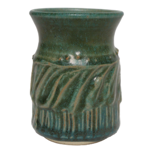 Petite Vintage Green Glaze Studio Ceramic Sgraffito Bud Vase by Deanna Nichols