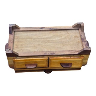 Vintage Mid-Century Modern Walnut Jewelry Box With Red Velvet Lined Compartments & Glass Lid For Sale
