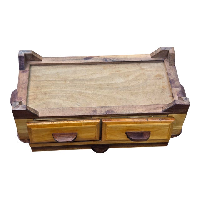 Vintage Mid-Century Modern Walnut Jewelry Box With Red Velvet Lined Compartments & Glass Lid For Sale