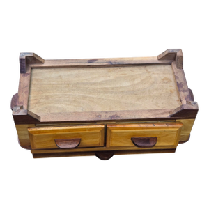 Vintage Mid-Century Modern Walnut Jewelry Box With Red Velvet Lined Compartments & Glass Lid