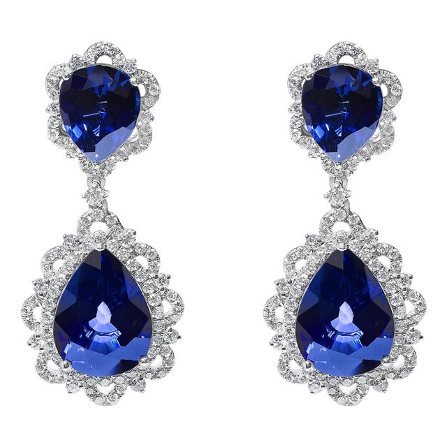18K White Gold Blue Sapphire and Diamond 2.00 Cttw Diamond Halo Drop and Dangle Earring (G-H Color, SI1-SI2 Clarity) For Sale