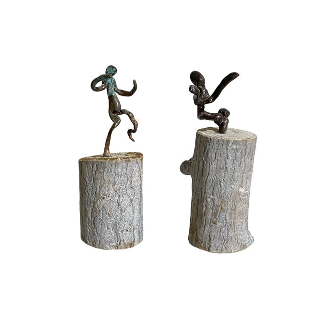 Set of Two Korean Bronze Sculpture of a Dancers on Wood Stand Signed For Sale - Image 4 of 5