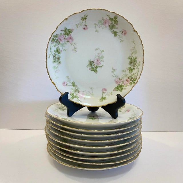 Ceramic Antique 1920s Elite Works Limoges Scalloped Salad Plates – Set of 10, Pink Floral & Gilt For Sale - Image 7 of 7