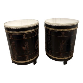 Pair of Antique Asian Chinoiserie Leather and Carved Wood Drum Side Tables For Sale