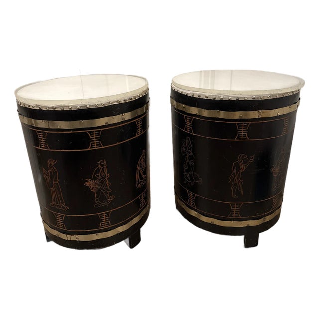 Pair of Antique Asian Chinoiserie Leather and Carved Wood Drum Side Tables For Sale