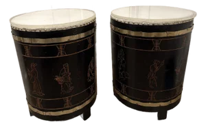 Pair of Antique Asian Chinoiserie Leather and Carved Wood Drum Side Tables