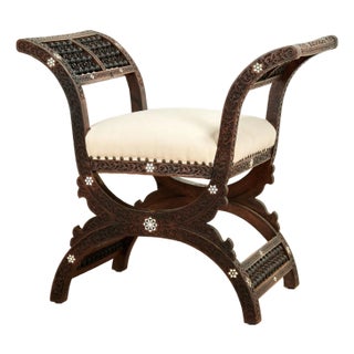 Antique Moroccan Inlaid and Carved Bench For Sale