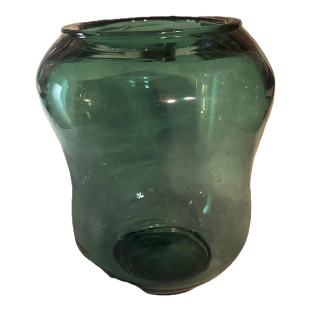 Vintage Large Green Blown Glass Vase For Sale