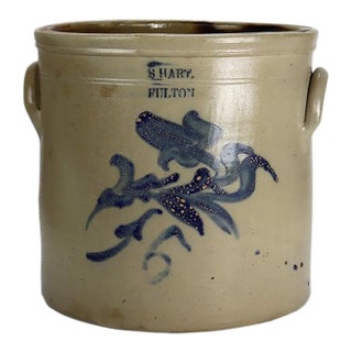 Antique S. Hart 5-Gallon Blue Decorated Stoneware Crock With Floral Motif C1870 For Sale