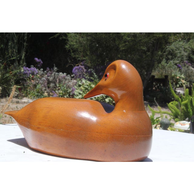 Signed Large Hand-Carved Pacific NorthWest 1996 Alder Wooden Drake Decoy Sculpture For Sale - Image 4 of 9