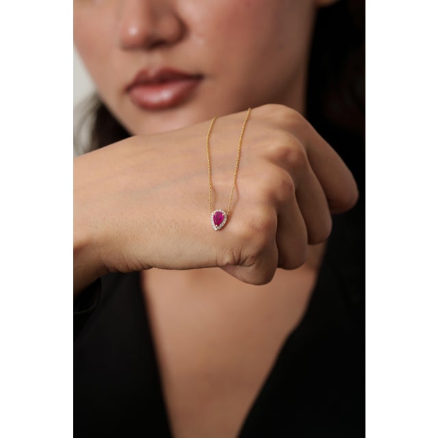 Ruby Red 18k Gold Natural Ruby Diamond Pear Pendant Necklace For Sale - Image 8 of 13