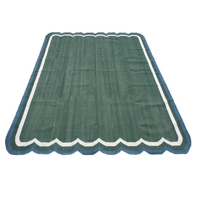 Mid-Century Modern Handmade Cotton Flat Weave Area Rug, Forest Green and Teal Blue Scalloped Dhurrie - 8'x10' For Sale - Image 3 of 12