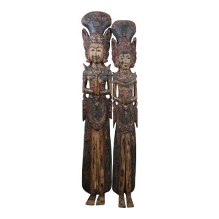 Antique Set of 2 Carved Wood Thai Thepanom Buddist Angel Diety Sculptures For Sale