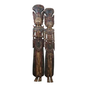 Antique Set of 2 Carved Wood Thai Thepanom Buddist Angel Diety Sculptures