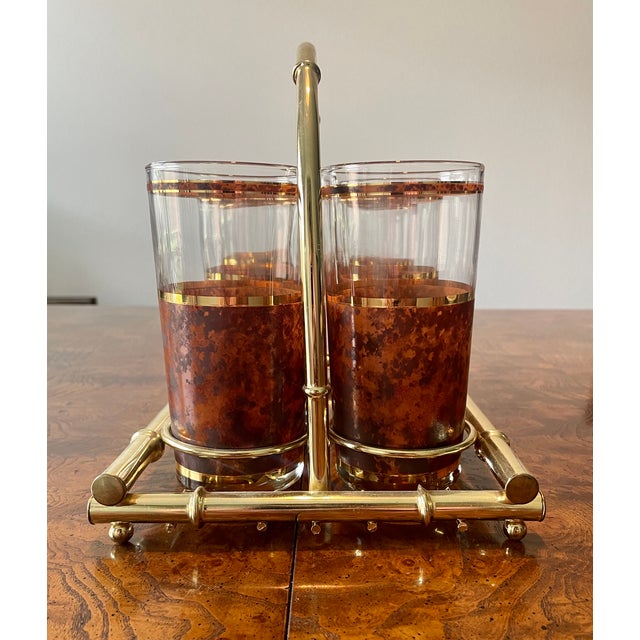Mid-Century Modern Tortoise High Ball Glasses & Brass Caddy For Sale - Image 3 of 10