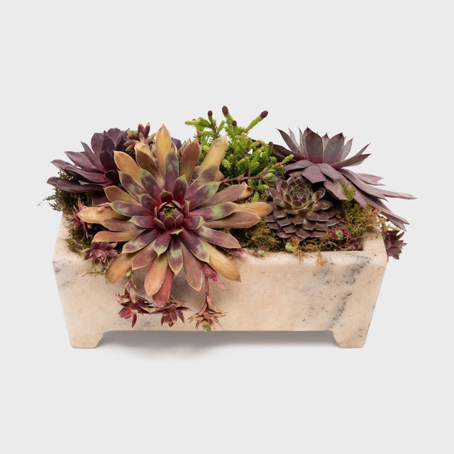 This elegant flower basin is hand-carved from white marble to a rectangular form commonly seen with incense burners or...