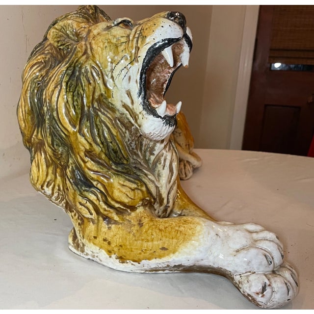 Large Antique Handmade Terracotta Pottery Italian Lion Majolica Sculpture Statue For Sale - Image 16 of 16