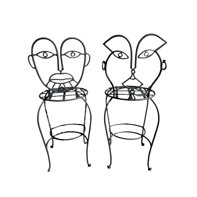 Mid-Century Modern Late 20th Century Attributed to John Risley Wrought Iron His and Hers Bar Stools For Sale - Image 3 of 6