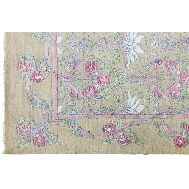 2020s Modern Art Nouveau Inspired Floral Wool Area Rug in Pastel Sage and Rose Pink For Sale - Image 5 of 11