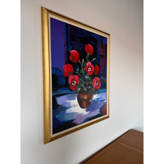 Mid-Century Modern Bruno Perino “Coquelicots” (Amapolas) Still Life Oil on Canvas Painting, Framed For Sale - Image 3 of 11