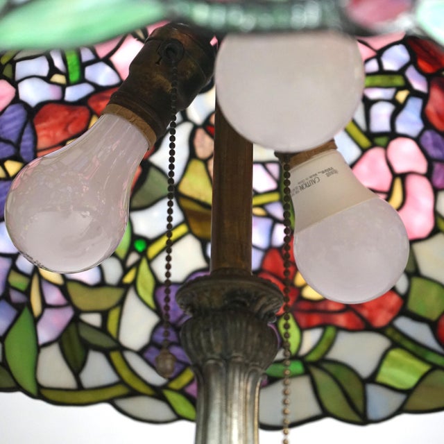Vintage Tiffany Style Stained Glass Table Lamp with Flower & Butterfly Pattern For Sale - Image 11 of 12