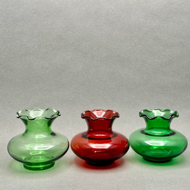 Vintage Anchor Hocking Squat Bud Vases With Ruffled Rims. Set of 3, 2 Green 1 Red For Sale In New York - Image 6 of 8