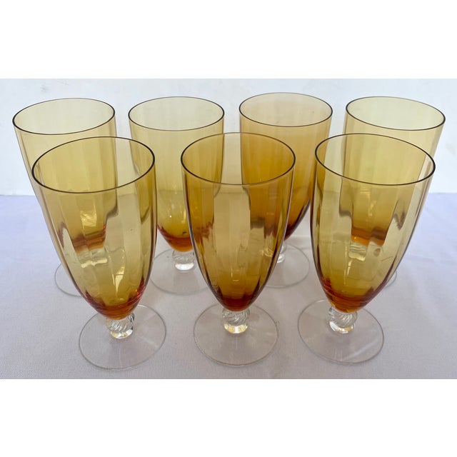 1940s 1940s Mid-Century Modern Cambridge Glass Co. Amber Optic Stem 3121 Goblets - Set of 7 For Sale - Image 5 of 13