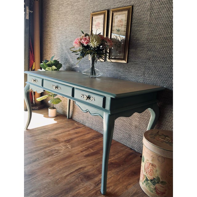 Mid-Century Louis XV Style Refinished Teal-Turquoise Solid Wood 3-Drawer Desk For Sale - Image 9 of 12
