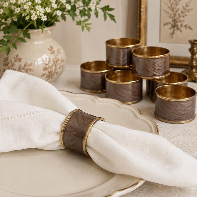 Vintage Brass & Smoky Taupe Marbled Napkin Rings - Set of 8 For Sale - Image 4 of 5