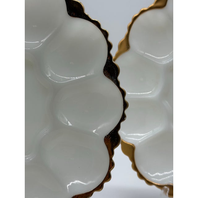 Mid 20th Century Mid-Century Anchor Hocking Fire King Milk Glass 22kt Gold Trim Egg Plate - a Pair For Sale - Image 10 of 10