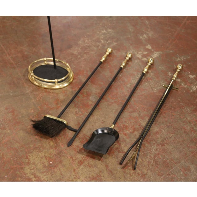 Metal Mid-Century French Louis XVI Style Brass and Iron Fireplace Tool Set For Sale - Image 7 of 7
