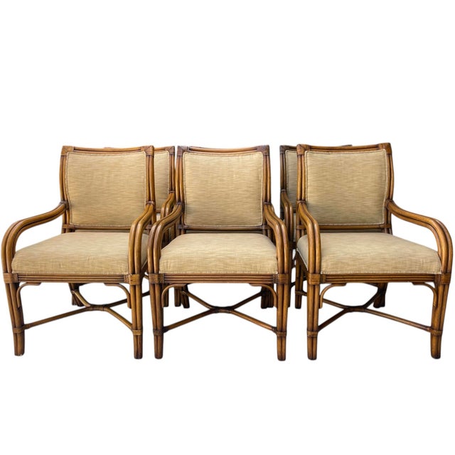 Contemporary Vintage Organic Modern Rattan Dining Chairs With Arms and Upholstered Seats | Set of 6 For Sale - Image 3 of 10
