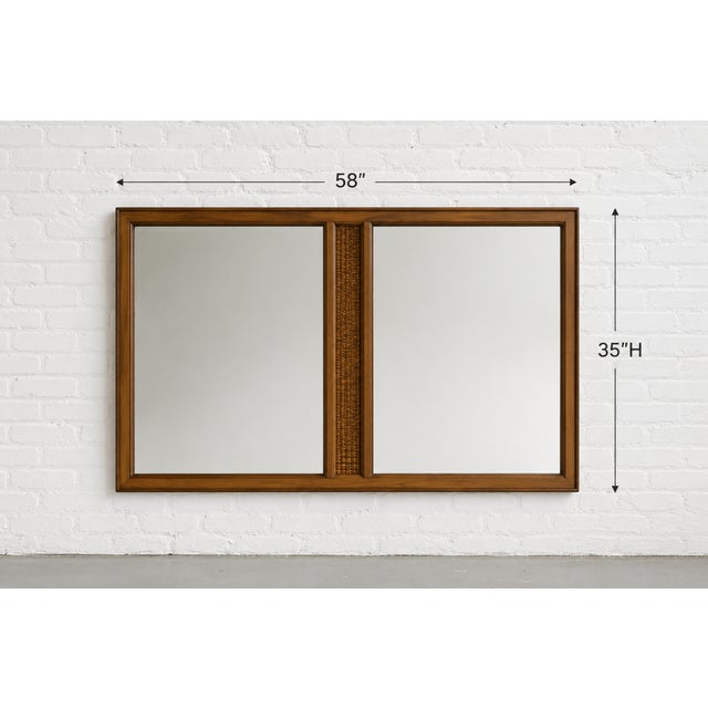 Mid-Century Modern Large Vintage Mid Century Modern Mirror | Walnut Rattan Mirror C. 1960's For Sale - Image 3 of 9
