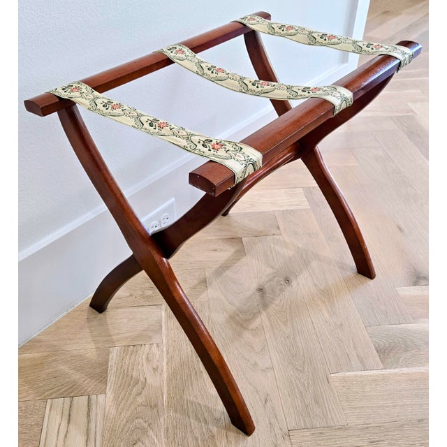 English Vintage Scheibe Folding Wooden Luggage Rack With Floral Tapestry Straps For Sale - Image 3 of 8
