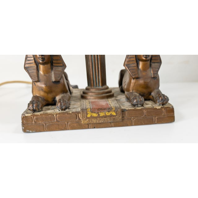 Metal Early 20th Century Art Deco Egyptian Revival Table Lamp With Sphinxes For Sale - Image 7 of 13