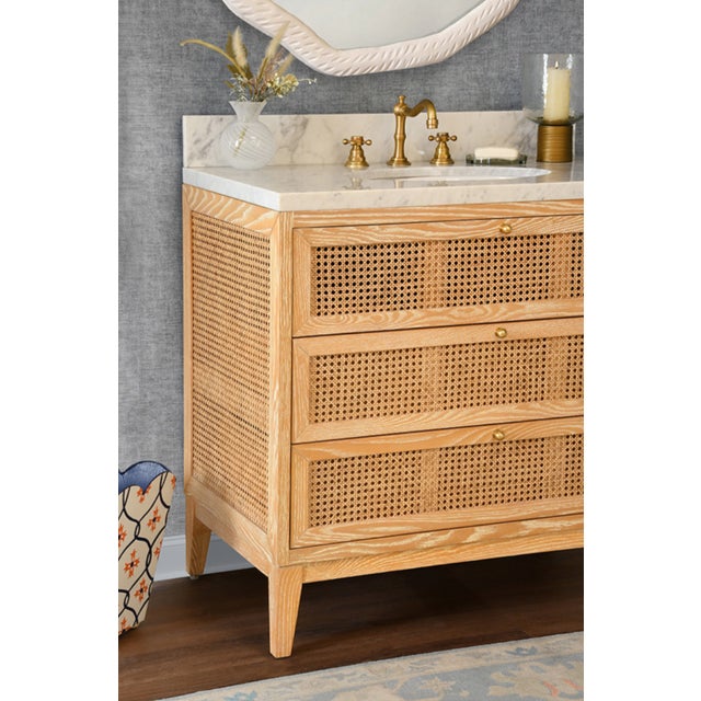 Worlds Away Matthew Izzo Home Wynn Cerused Oak Single Porcelain Sink Bath Vanity With Carrara Marble Top, 3 Caned Drawers and Brass Knobs For Sale - Image 4 of 10