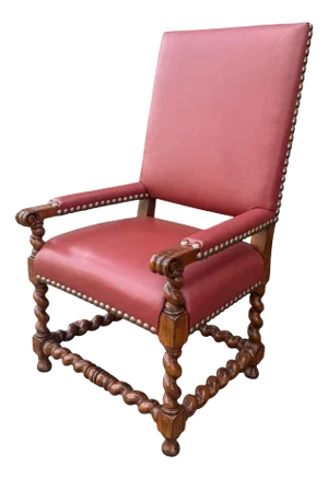 Vintage Carved Walnut Barley Twist Throne Chair with Red Leather