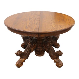 Heavy Hand Carved Hunting Dogs Oak Dinette Dining Table and 3 Leaves For Sale